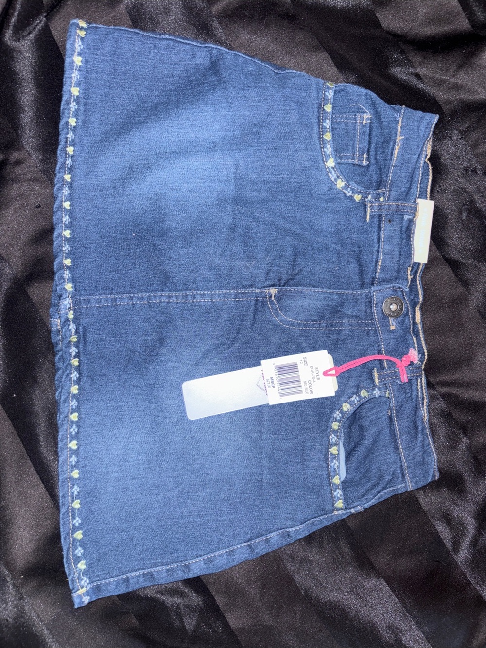 Girls Dark Blue Denim Mini Skirt with Embroidered Trim